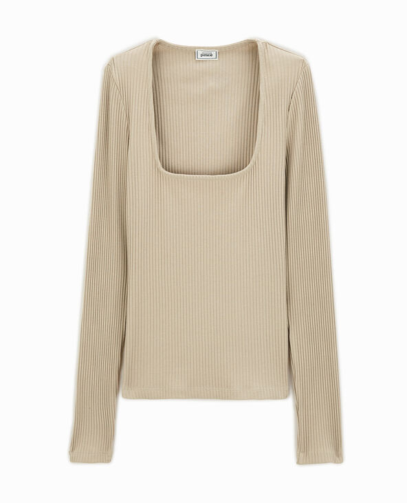 Top maille côtelée encolure carrée beige - Pimkie