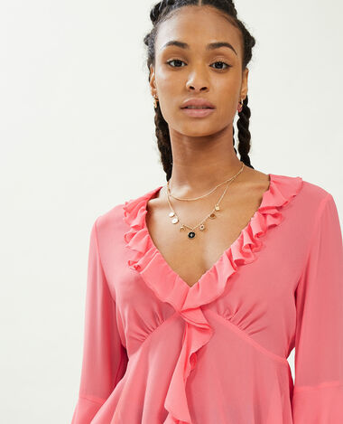 Blouse avec volants en voile rose - Pimkie