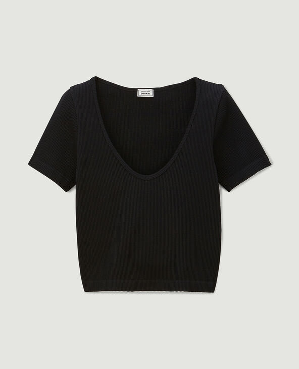 T-shirt cropped col V noir - Pimkie