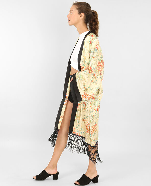 Long kimono à franges jaune - Pimkie
