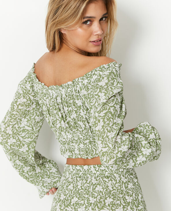 Blouse courte encolure Bardot motif fleurs vert - Pimkie