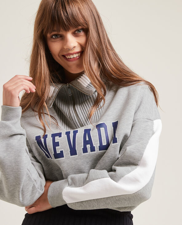 Sweat col zippé maille côtelée gris chiné - Pimkie