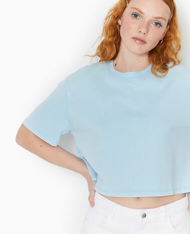 T-shirt court en coton épais effet délavé bleu clair - Pimkie