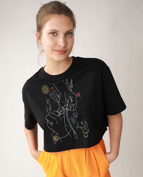 T-shirt cropped motifs mains et fleurs noir - Pimkie