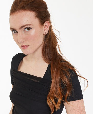 T-shirt col carré avec tulle drapé devant noir - Pimkie