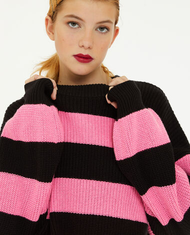 Pull col rond en maille rayée rose - Pimkie
