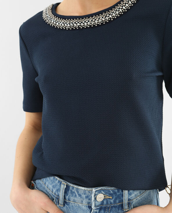 T-shirt col bijoux bleu marine - Pimkie