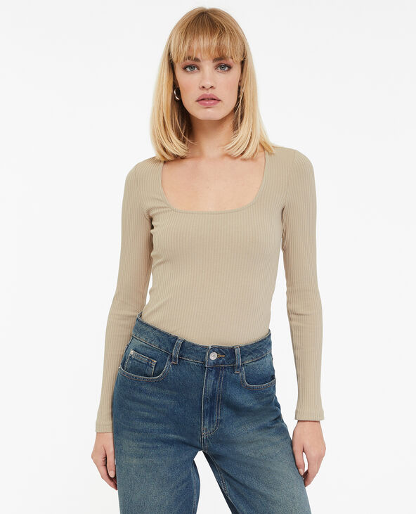 Top maille côtelée encolure carrée beige - Pimkie