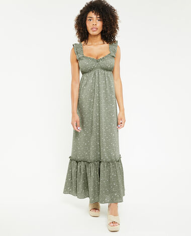 Robe longue motif fleurs avec volants vert kaki - Pimkie