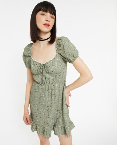 Robe courte forme empire motif fleurs vert kaki - Pimkie
