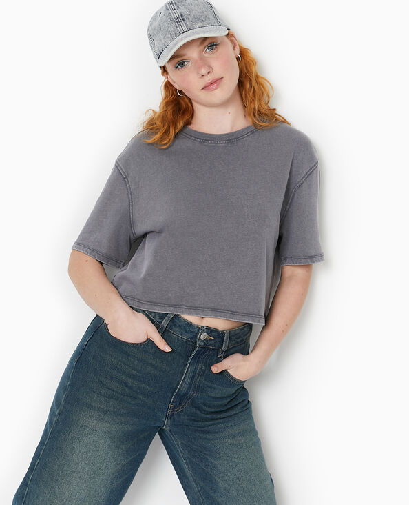 T-shirt court en coton épais effet délavé gris foncé - Pimkie
