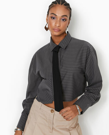 Chemise rayée cropped avec cravate gris foncé - Pimkie