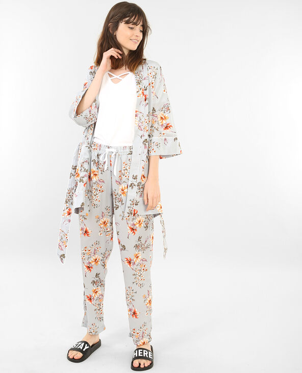 Kimono homewear satiné fleuri bleu - Pimkie