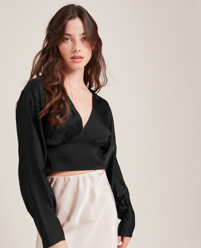 Blouse courte en tissu satiné noir - Pimkie