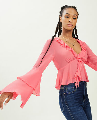 Blouse avec volants en voile rose - Pimkie