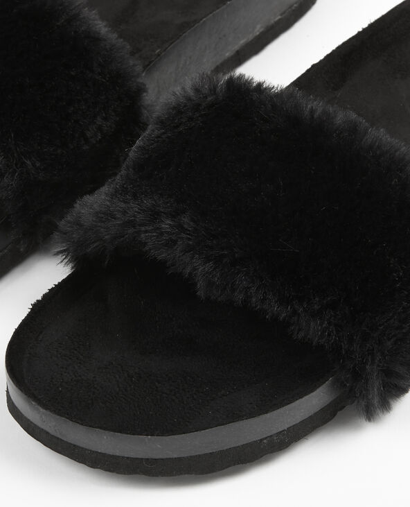 Sandales plates fausse fourrure noir - Pimkie
