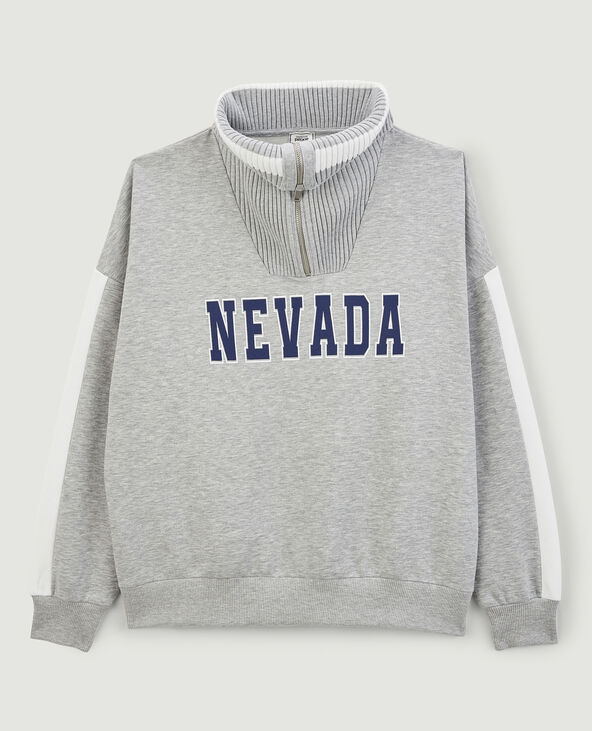 Sweat col zippé maille côtelée gris chiné - Pimkie