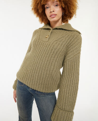 Pull chaud col camionneur boutonné vert kaki - Pimkie