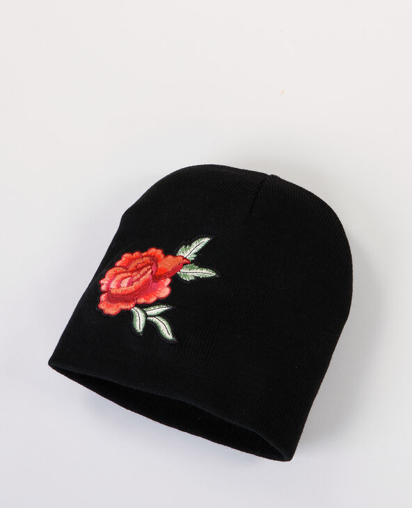 Bonnet à patch "rose" noir - Pimkie