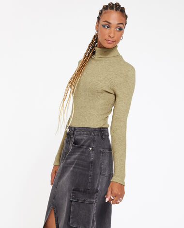 Pull fin col roulé maille côtelée vert olive - Pimkie