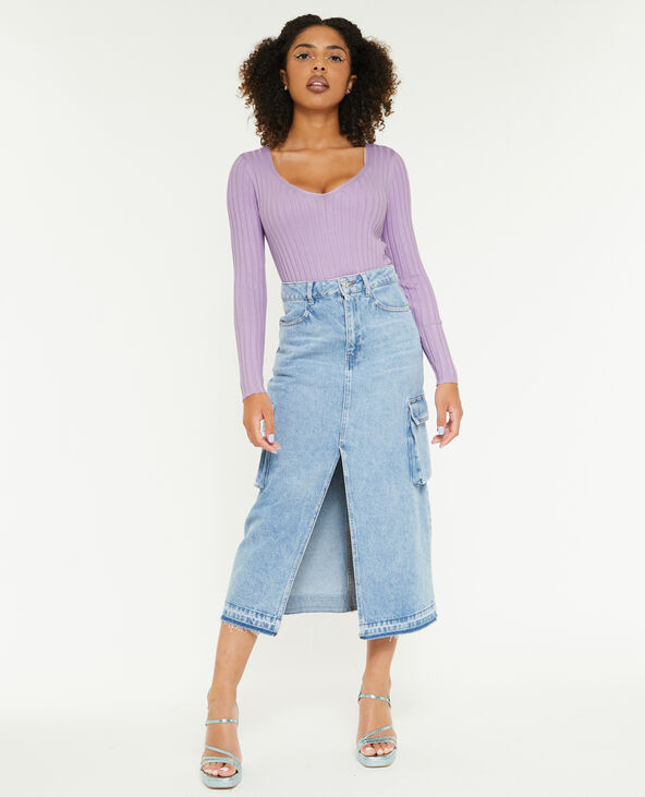 Pull col V maille côtes plates lilas - Pimkie