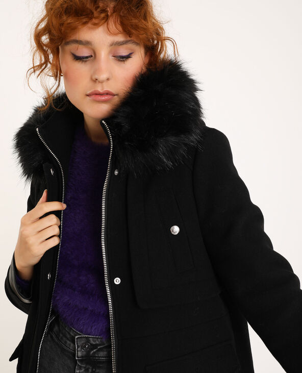 Manteau droit avec capuche fourrure noir - Pimkie