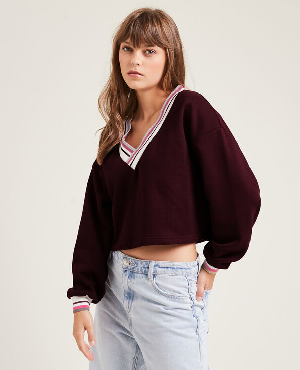 Sweat cropped col V rouge - Pimkie