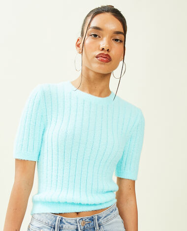 Pull duveteux à manches courtes bleu turquoise - Pimkie