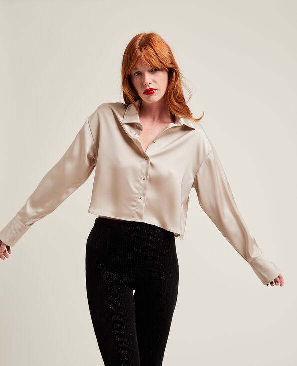 Chemise courte en tissu satiné beige - Pimkie