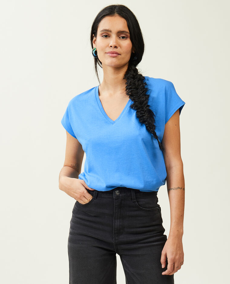 T-shirt col V manches courtes bleu - Pimkie