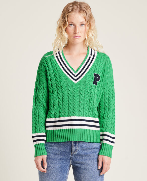 Pull maille torsadée col V vert - Pimkie