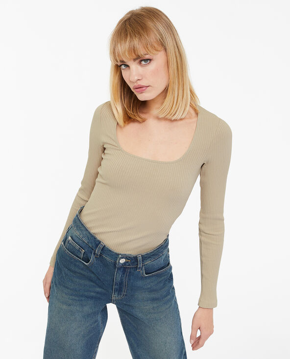 Top maille côtelée encolure carrée beige - Pimkie