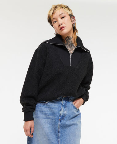 Sweat en sherpa avec col camionneur noir - Pimkie