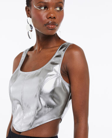 Top court façon corset en simili argenté gris clair - Pimkie