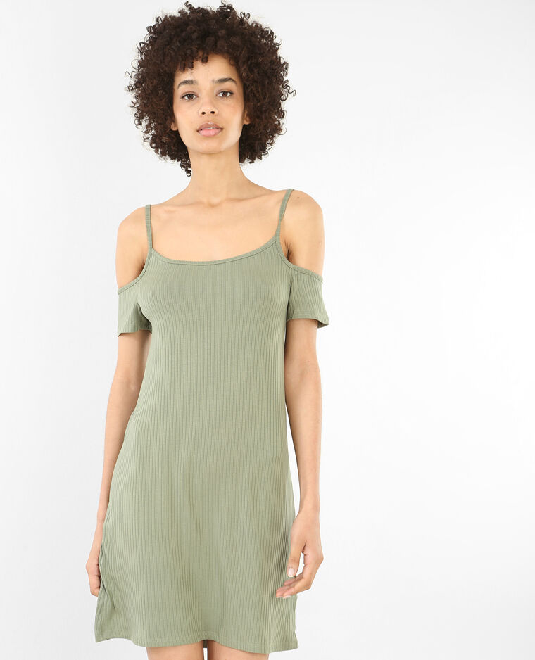 Geribbelde Jurk Met Peekaboomouwen Kaki 780692c47a05 Pimkie