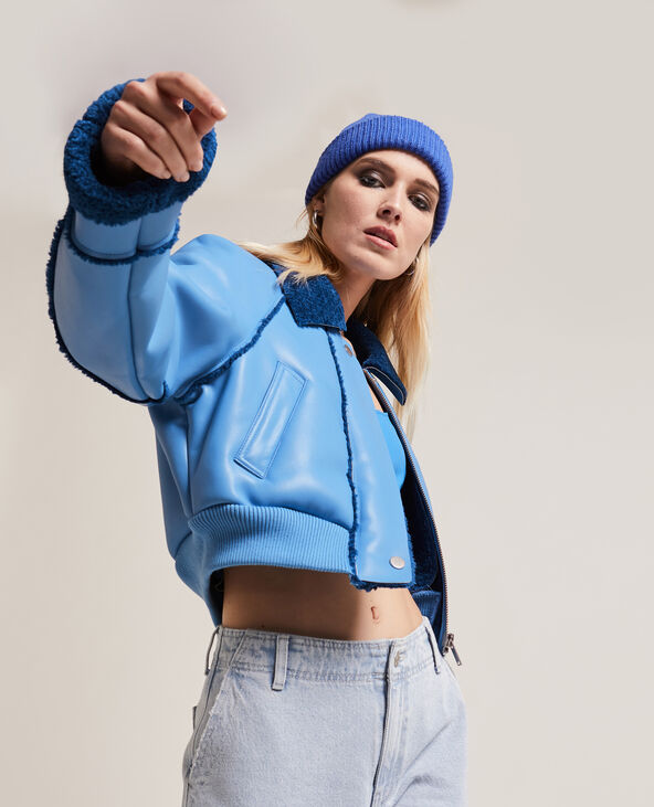 Blouson court simili cuir et sherpa bleu - Pimkie