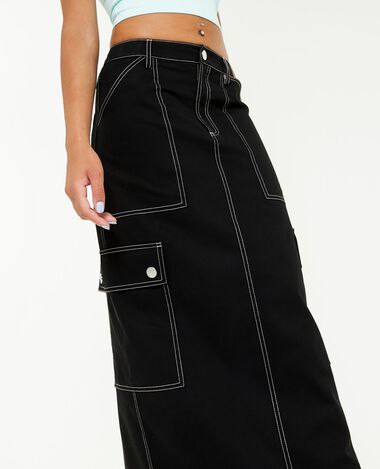Jupe longue en toile avec surpiqûres noir - Pimkie