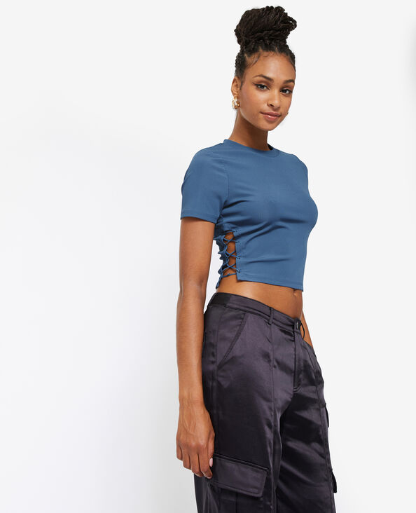 Top en maille côtelée avec découpes et lacets bleu - Pimkie