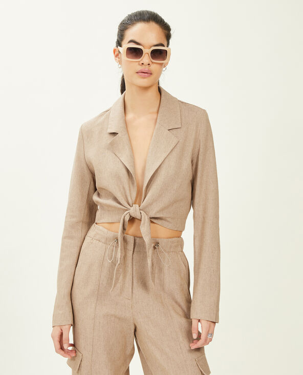 Veste blazer courte à nouer avec lin beige - Pimkie