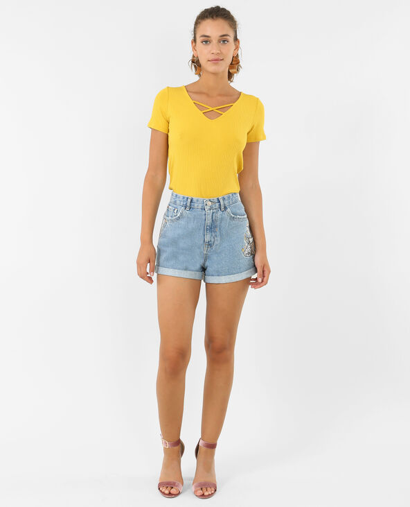 T-shirt col croisé jaune ocre - Pimkie