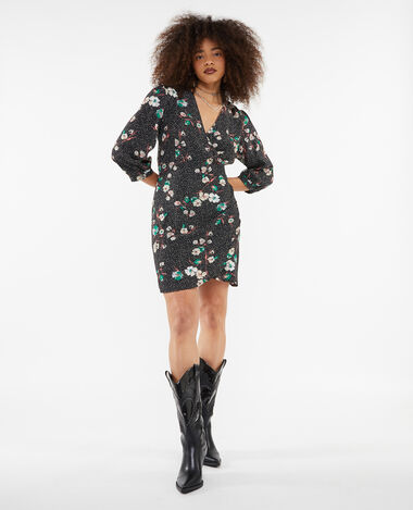 Robe courte avec devant croisé motif fleurs noir - Pimkie