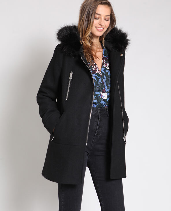 Manteau mi-long à capuche noir - Pimkie