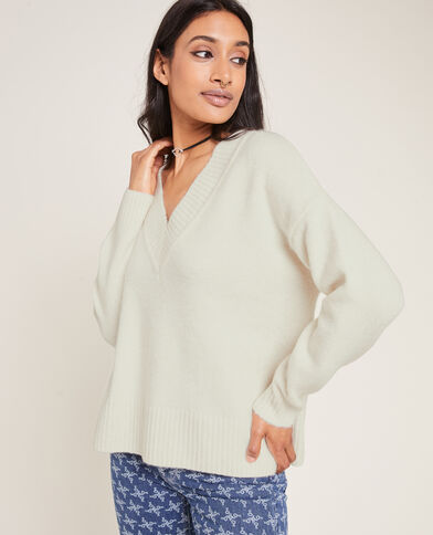 Pull grand col V blanc - Pimkie