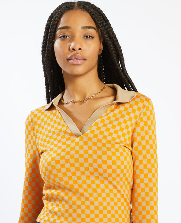 T-shirt manches longues motif carreaux beige - Pimkie