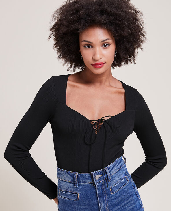 Body manches longues avec lacets noir - Pimkie