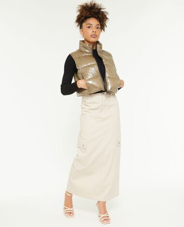 Jupe longue en toile avec surpiqûres beige - Pimkie