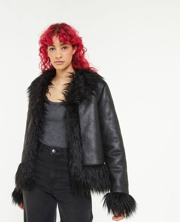 Veste en simili cuir et poils longs noir - Pimkie