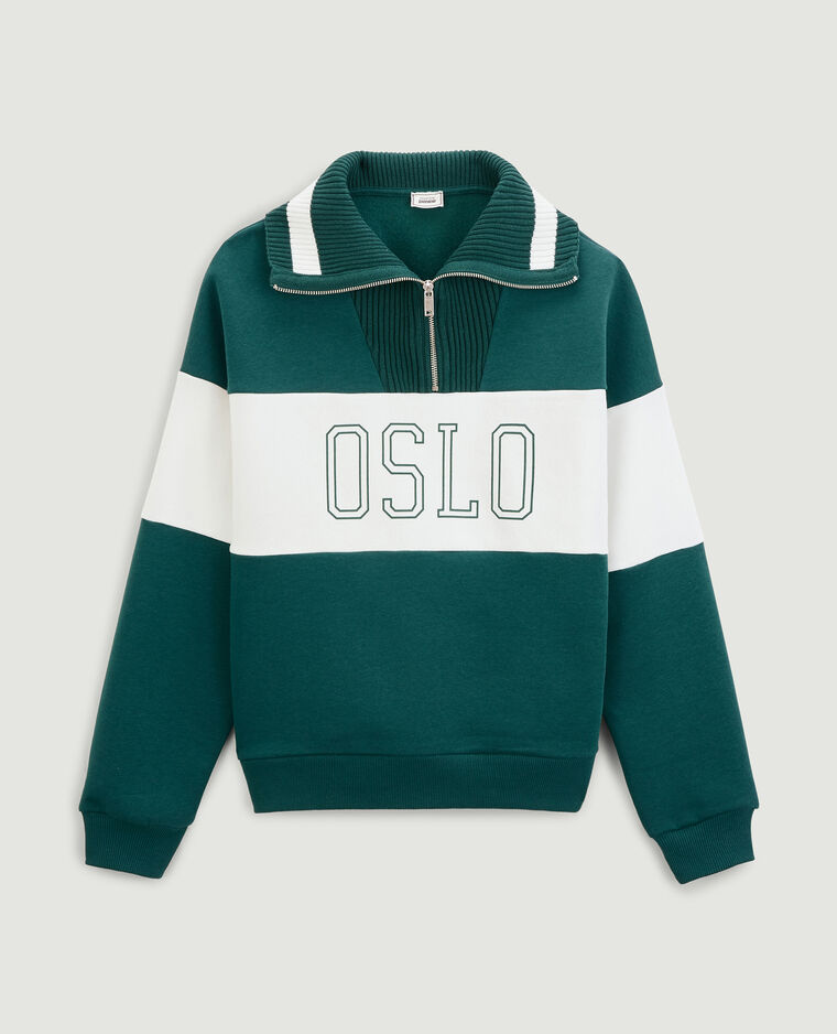 Sweat bi-matière col zippé vert - Pimkie