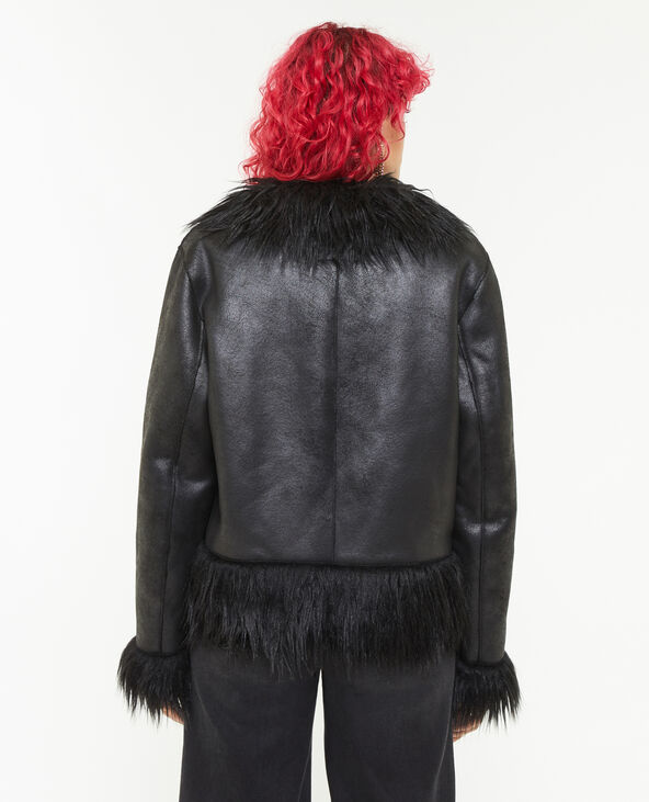 Veste en simili cuir et poils longs noir - Pimkie