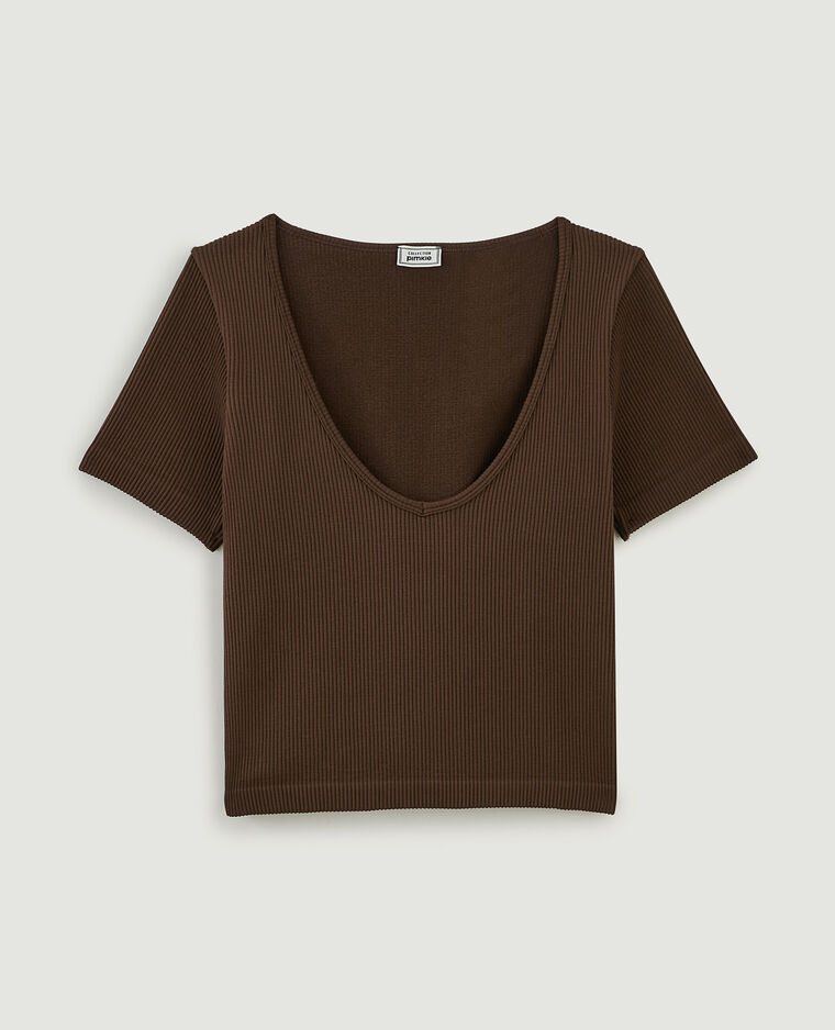 T-shirt cropped col V marron - Pimkie